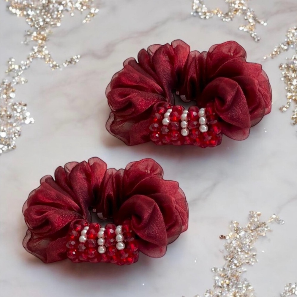 Elegant Burgundy Hair Scrunchies with Pearls